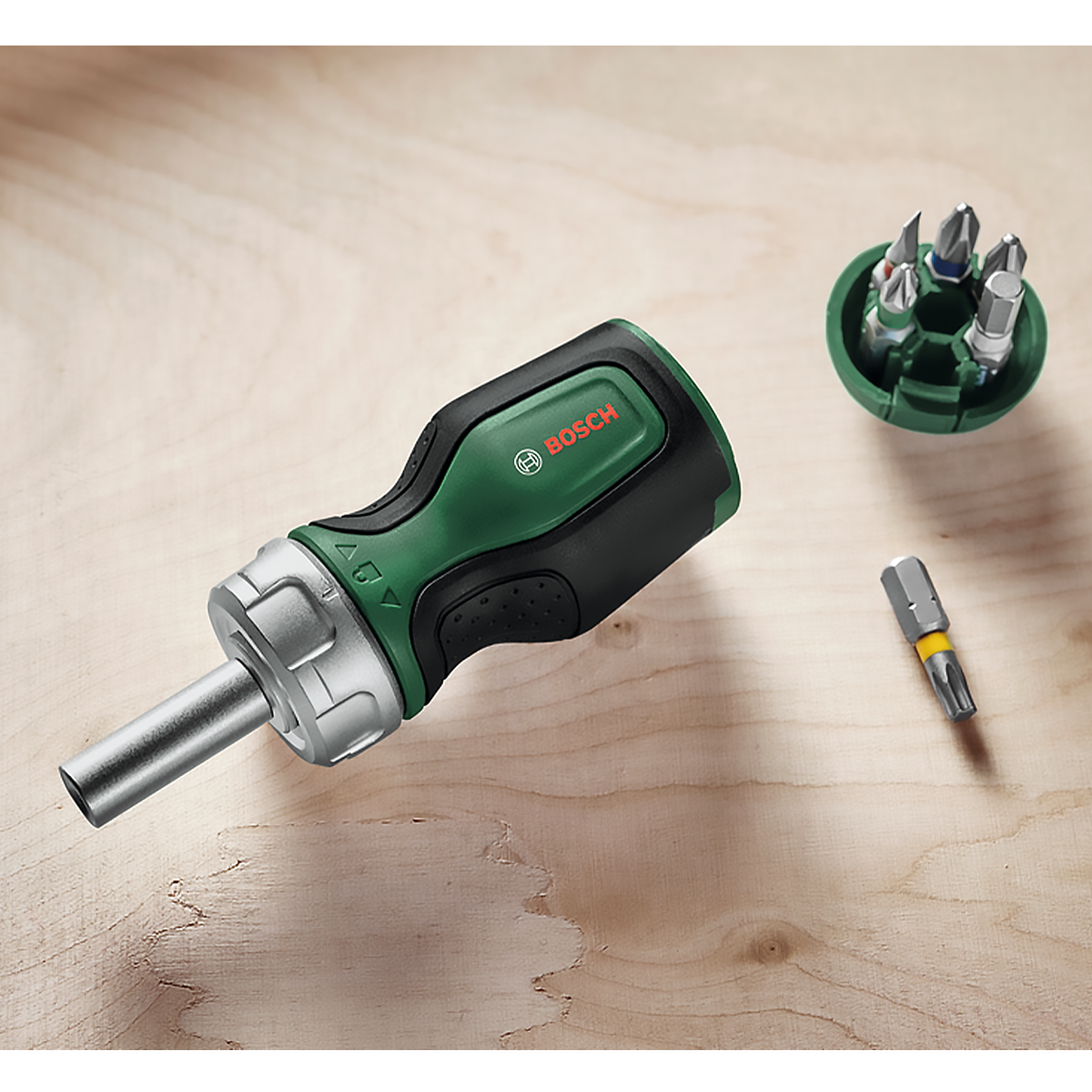 Bosch Stubby Ratchet skrúfujárn með 6 bitum: Hjóla útfærsla