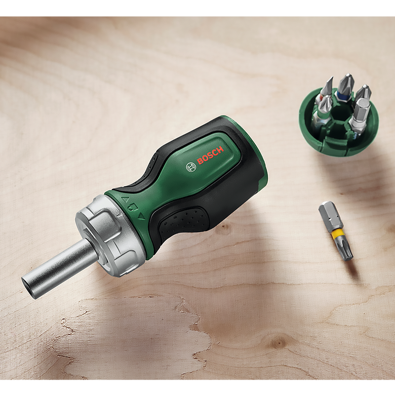 Bosch Stubby Ratchet skrúfujárn með 6 bitum: Hjóla útfærsla