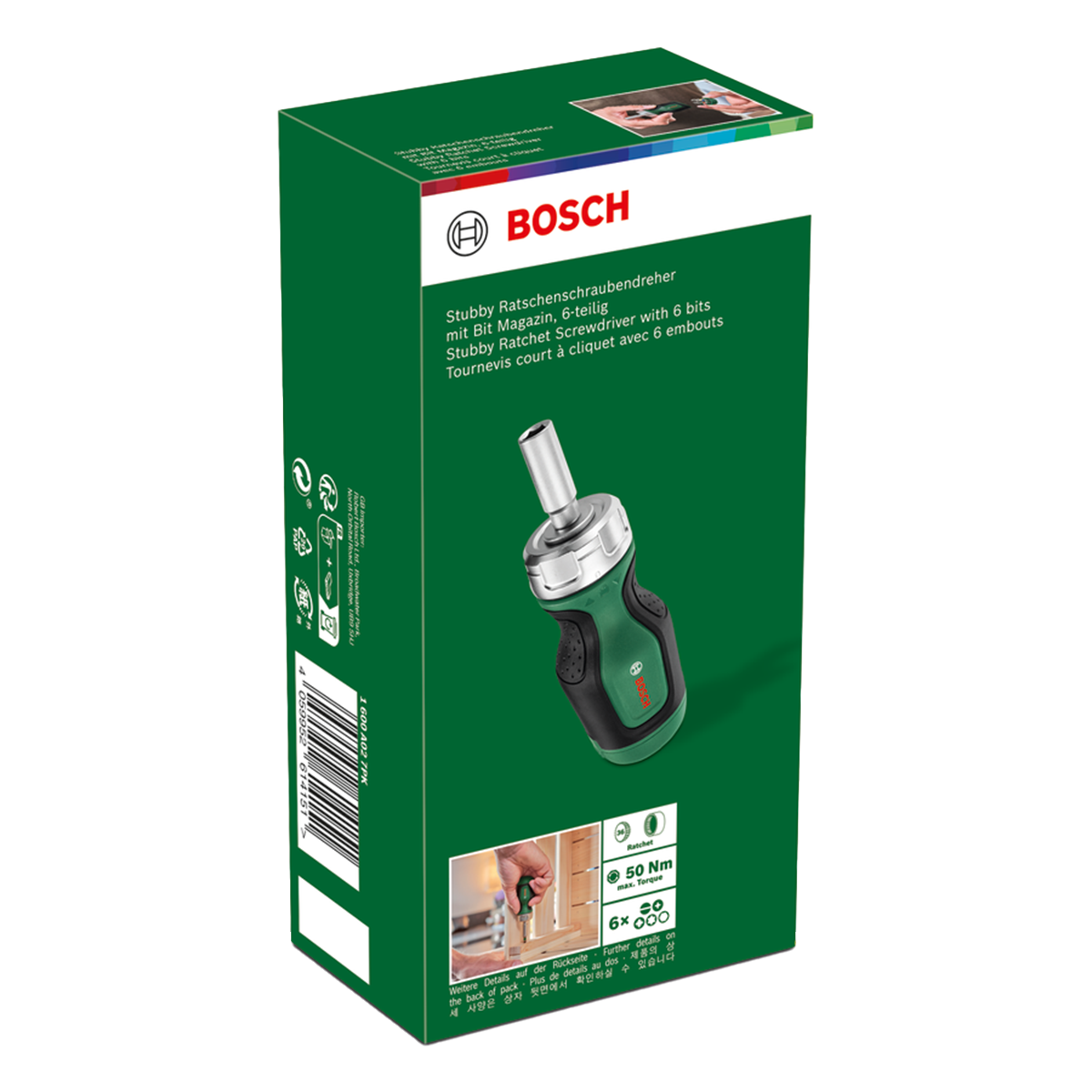 Bosch Stubby Ratchet skrúfujárn með 6 bitum: Hjóla útfærsla