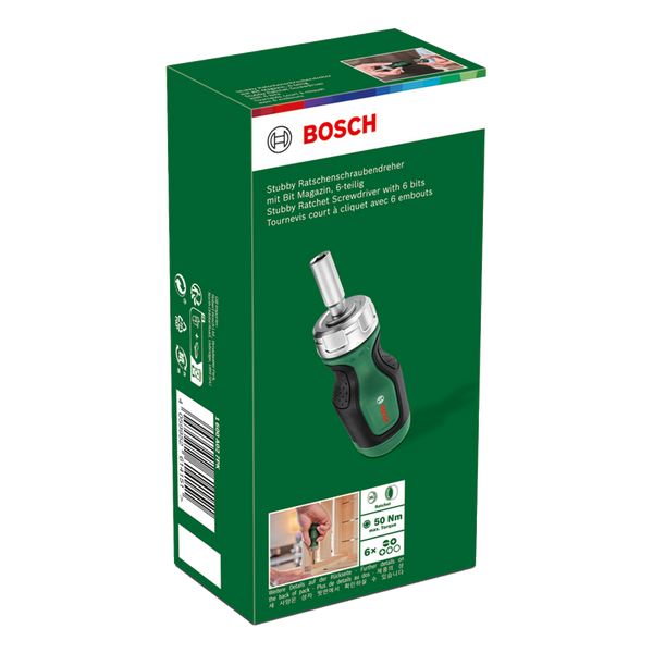 Bosch Stubby Ratchet skrúfujárn með 6 bitum: Hjóla útfærsla
